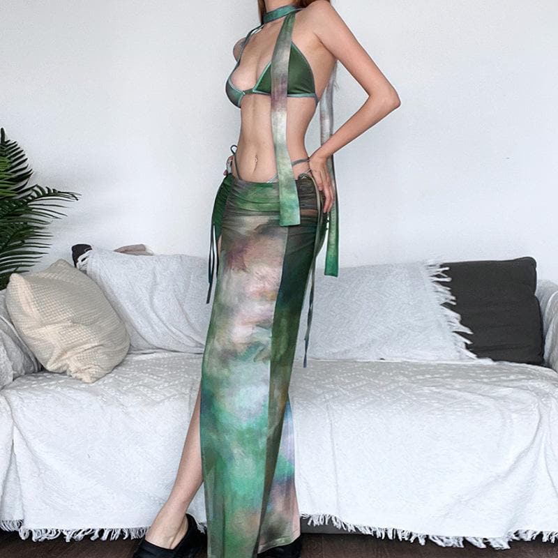 Mesh tie dye halter self tie backless ruched slit maxi skirt set