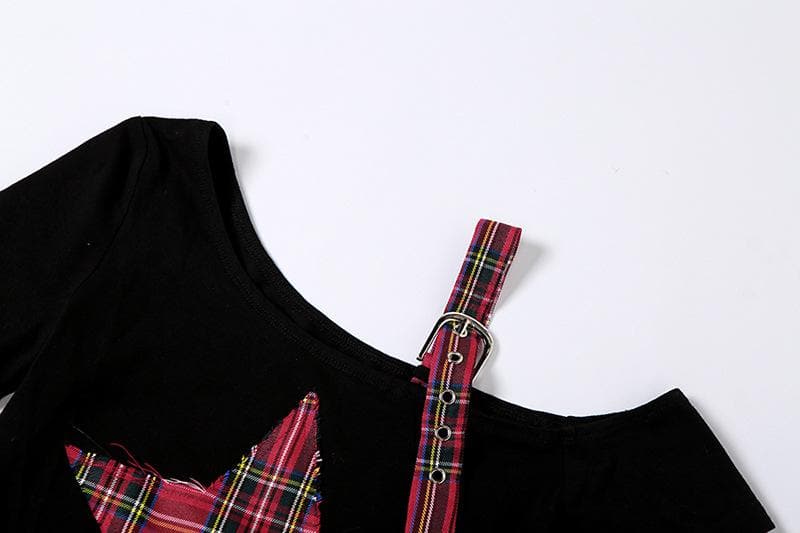 Patchwork irregular plaid contrast gloves off shoulder short sleeve top