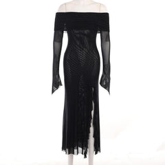 Off shoulder slit sheer mesh see through long sleeve maxi dress