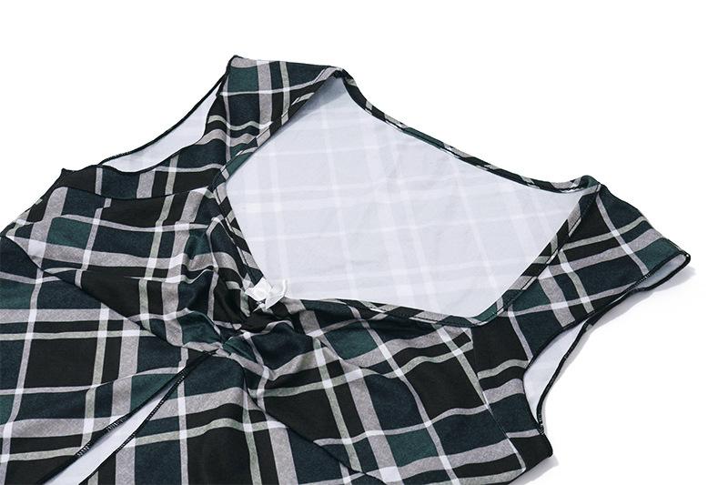 Cap sleeve plaid bowknot slit mini skirt set