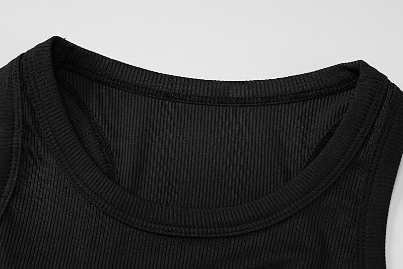 Palm pattern beaded ribbed sleeveless round neck crop top
