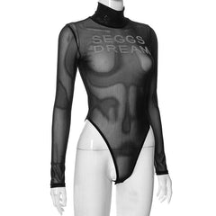 Sheer mesh see through beaded high neck long sleeve bodysuit