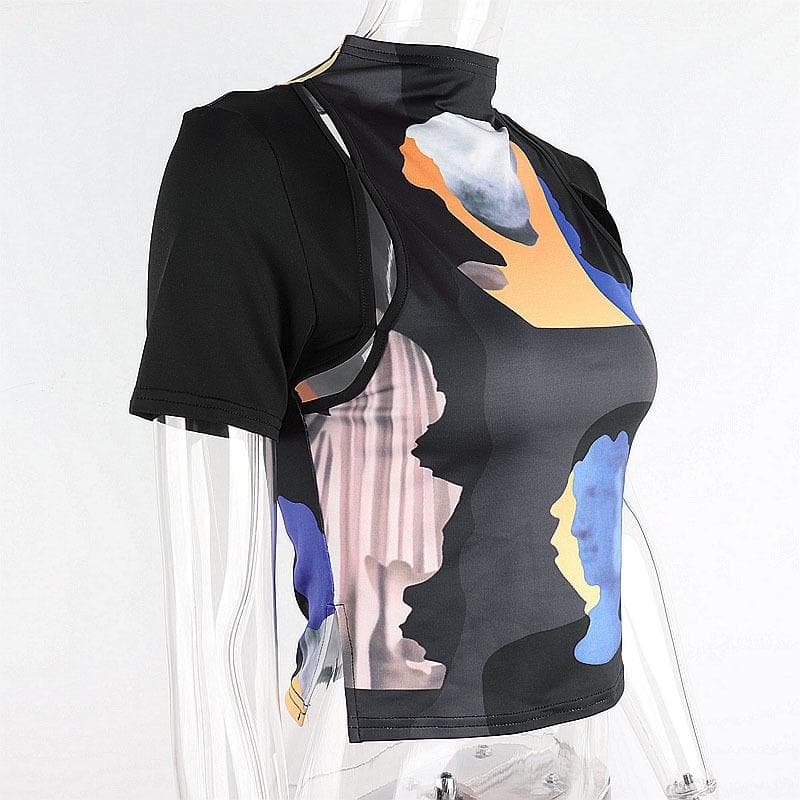 Abstract contrast hollow out short sleeve high neck crop cut out top