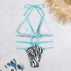 Zebra print halter o ring contrast backless bikini swimwear