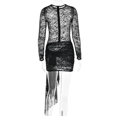 Lace see through long sleeve zip-up self tie ruched mini dress