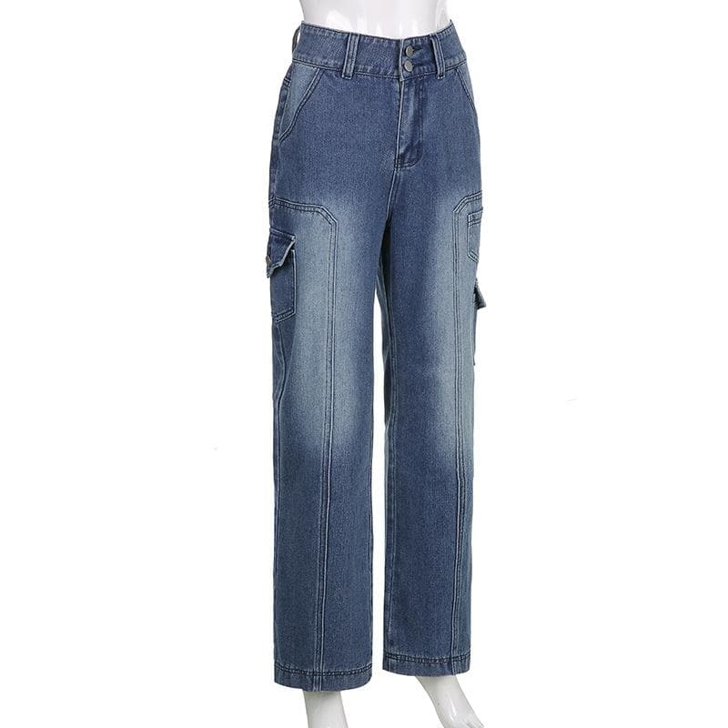 High rise straight leg button gradient pocket jeans