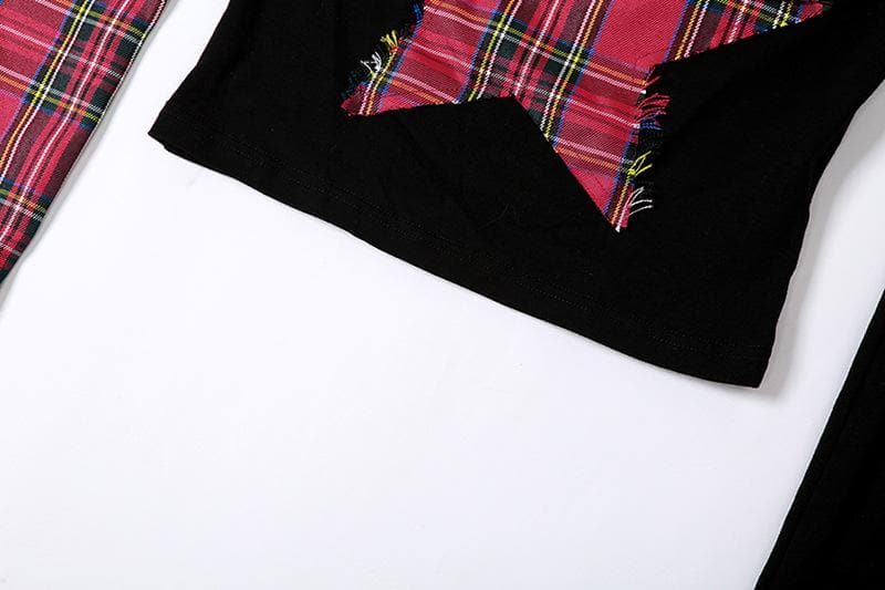 Patchwork irregular plaid contrast gloves off shoulder short sleeve top