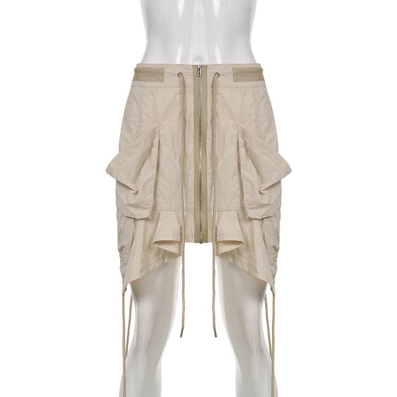 Rrawstring zip-up irregular cargo pocket mini skirt