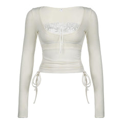 Drawstring lace hem ruched long sleeve patchwork top