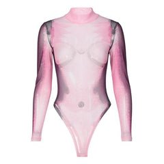 Sheer mesh see through body print high neck long sleeve bodysuit
