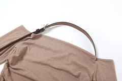 Buckle halter PU leather cowl neck off shoulder long sleeve top