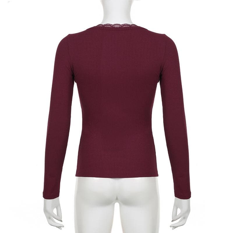 Ribbed long sleeve lace hem button solid top