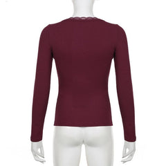 Ribbed long sleeve lace hem button solid top