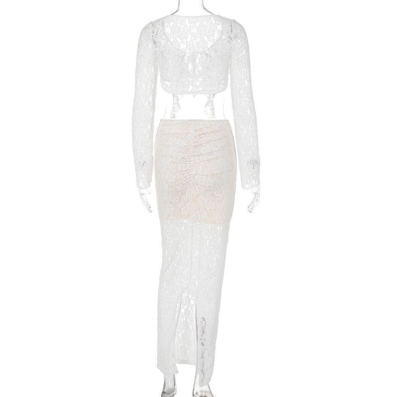 Self tie contrast lace see through ruched long sleeve maxi skirt set