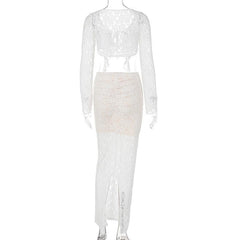 Self tie contrast lace see through ruched long sleeve maxi skirt set