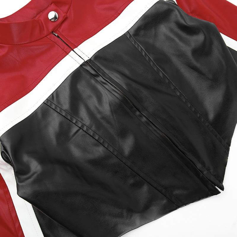 Contrast patchwork zip-up long sleeve PU leather to top jacket