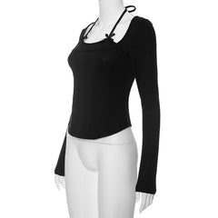 Bowknot long sleeve halter solid patchwork top
