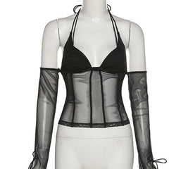 Tie back mesh see-through off shoulder halter top – Suncoy