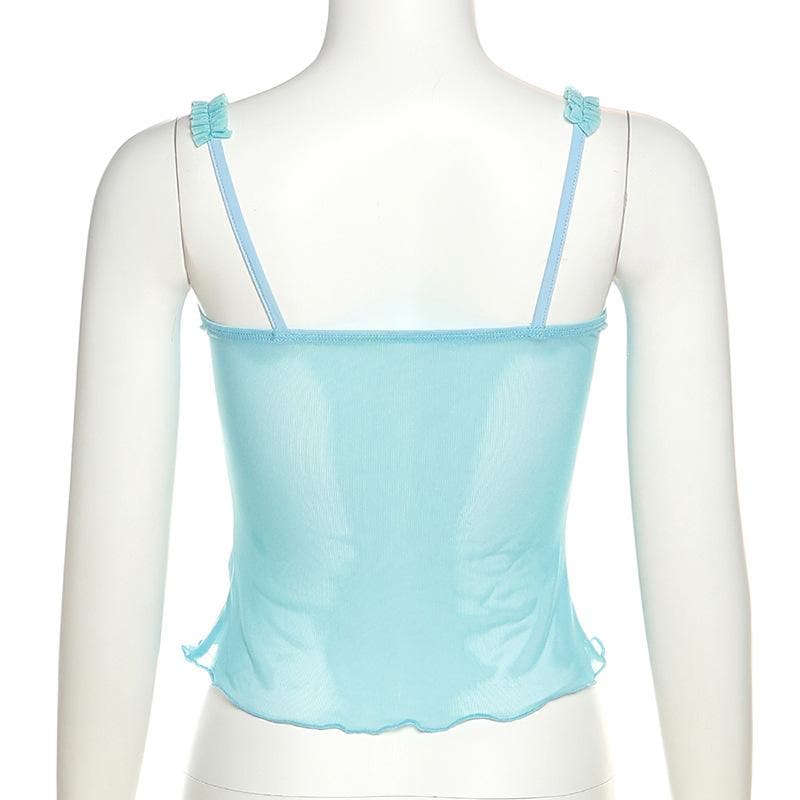 Sweetheart neck mesh bowknot backless ruffle lace hem cami top