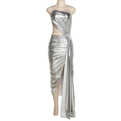 Metallic one shoulder irregular backless maxi dress