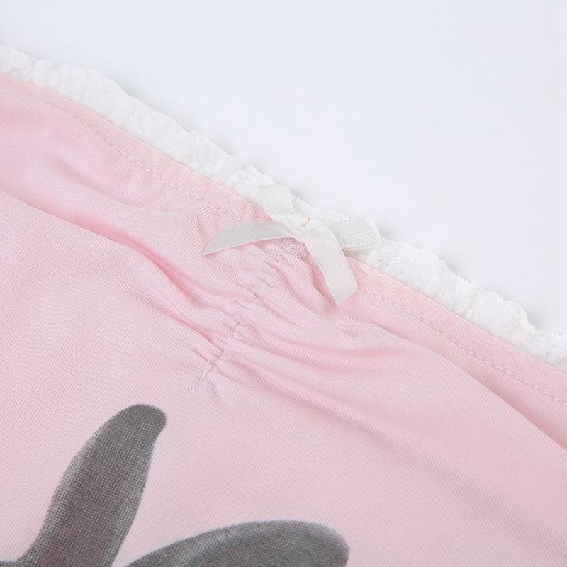 Rabbit pattern contrast lace hem shrug 2 piece crop top