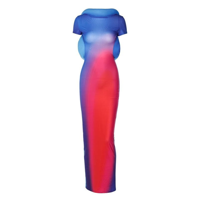 Short sleeve gradient backless maxi dress