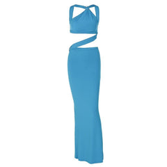 Backless hollow out o ring pearl chain solid maxi dress