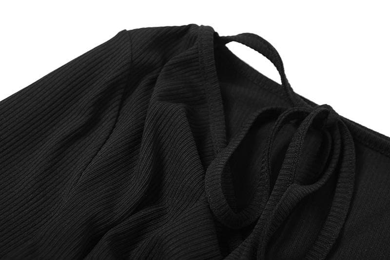 Ribbed cowl neck long sleeve solid self tie top