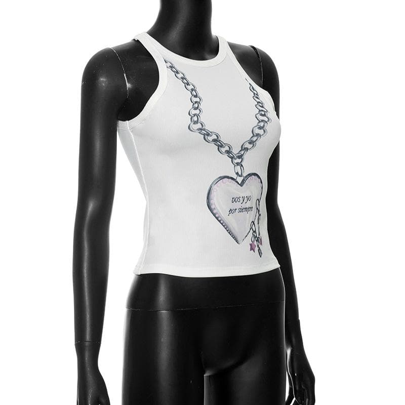 Ribbed crewneck heart pattern sleeveless tank top