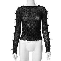 Bowknot textured see through long sleeve solid ruffle top