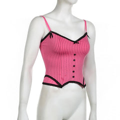 Button striped lace hem v neck contrast cami top