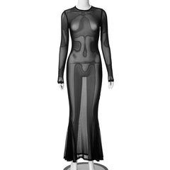 Sheer mesh see through long flared sleeve solid maxi dress