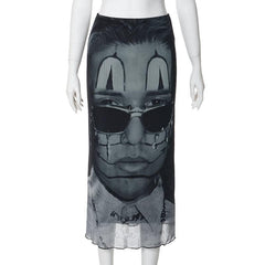 Abstract contrast print low rise mesh ruffle midi skirt