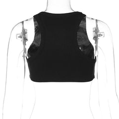 Palm pattern beaded ribbed sleeveless round neck crop top