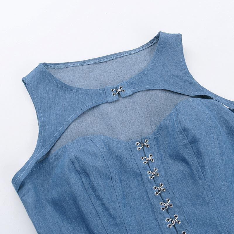 Hollow out button sleeveless corset low cut denim cut out top