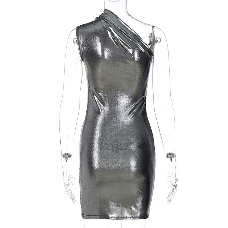 Metallic one shoulder ruched sleeveless irregular mini dress