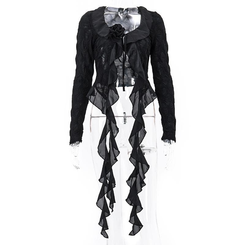 Textured long sleeve ruffle self tie solid crop top