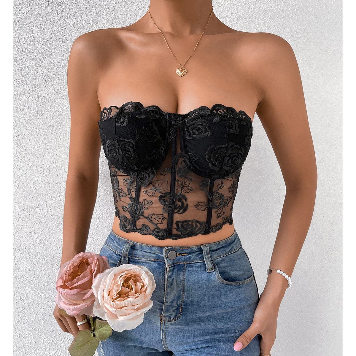 Rose mesh solid button bustier tube top