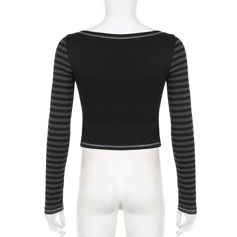 Striped patchwork long sleeve contrast stitch top