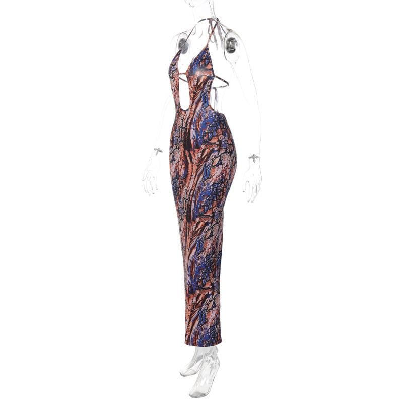 Backless hollow out halter self tie contrast print maxi dress