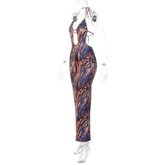Backless hollow out halter self tie contrast print maxi dress