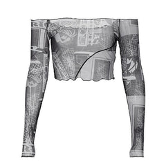 Sheer mesh see through off shoulder stitch contrast crop top