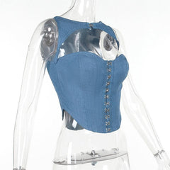 Hollow out button sleeveless corset low cut denim cut out top