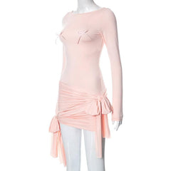 Bowknot ruched solid patchwork long sleeve self tie mini dress