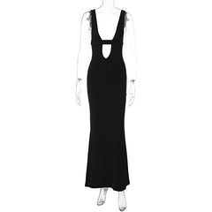 Sleeveless low cut hollow out solid backless maxi dress