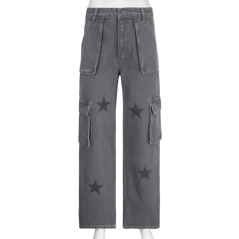Contrast denim star pattern zip-up pocket jeans