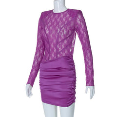 Lace see through satin ruched hollow out long sleeve mini dress
