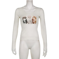 Cat pattern long sleeve round neck textured ruffle top