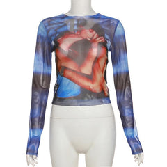 Abstract contrast print long sleeve sheer mesh top