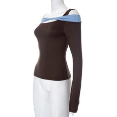 Patchwork long sleeve irregular off shoulder contrast top